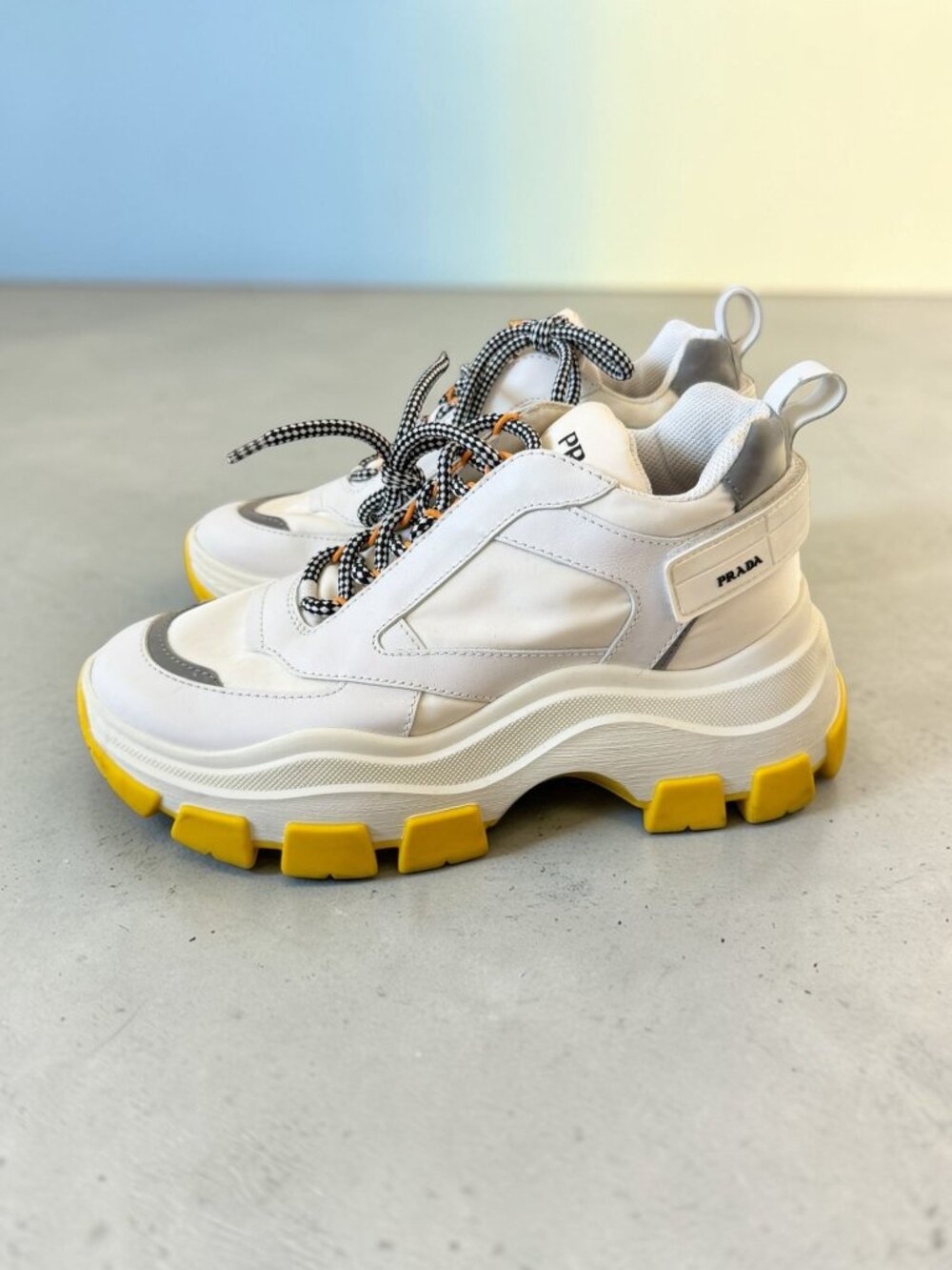 PRADA Men’s Pegasus White Yellow Leather Sneakers Size US 7